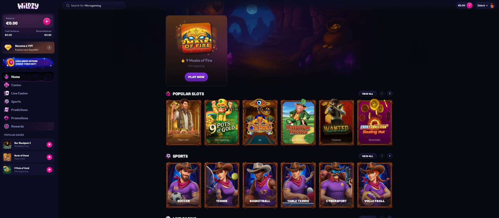 Wildzy Casino landing page displaying featured slot games, sports categories, rewards, and the main navigation menu.