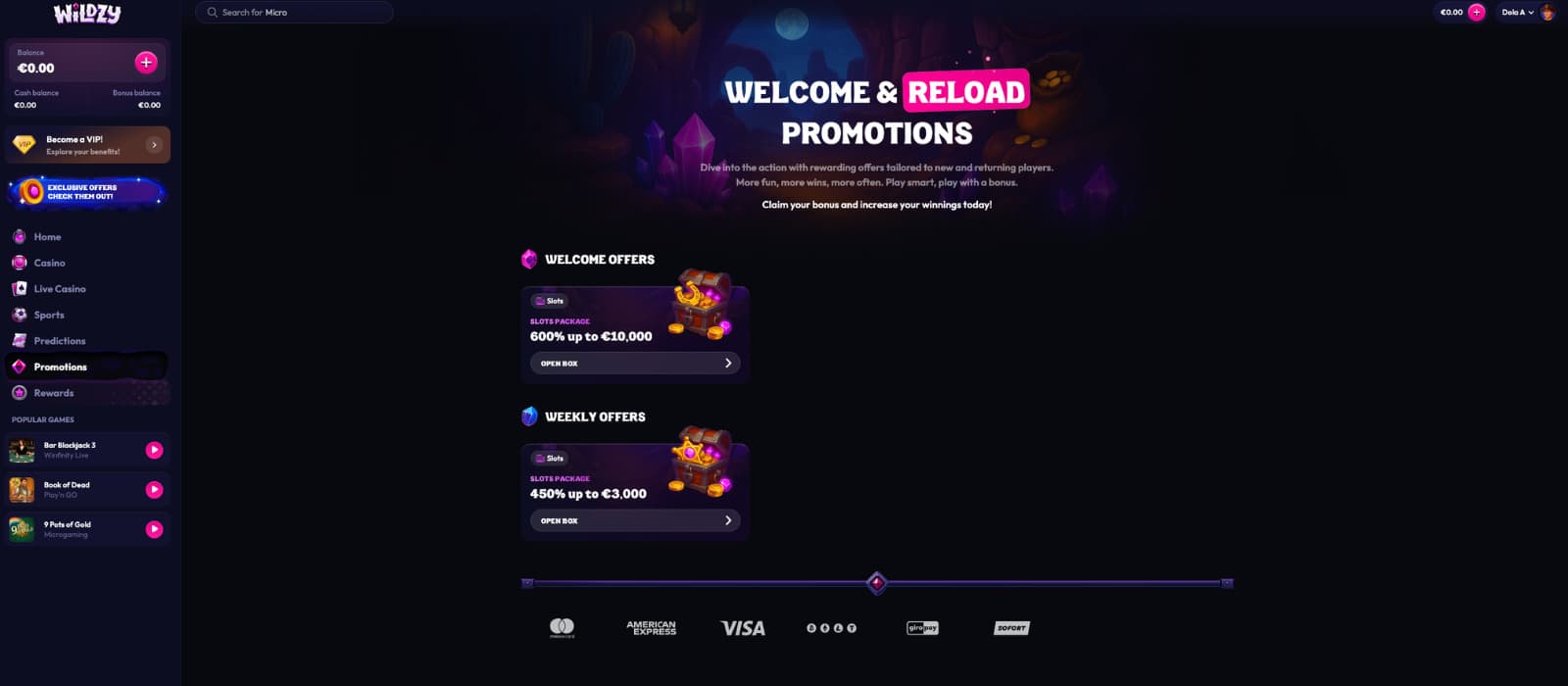 Wildzy Casino promotions page displaying the welcome package and weekly reload offers available to new and existing players.