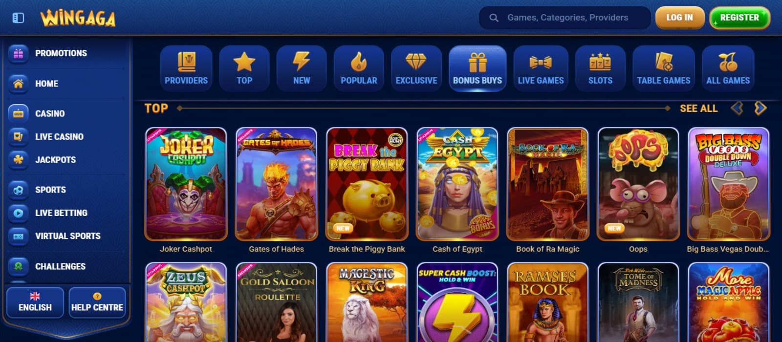 Wingaga Casino games page with the colorful slot game icons, game categories above and side navigational bar
