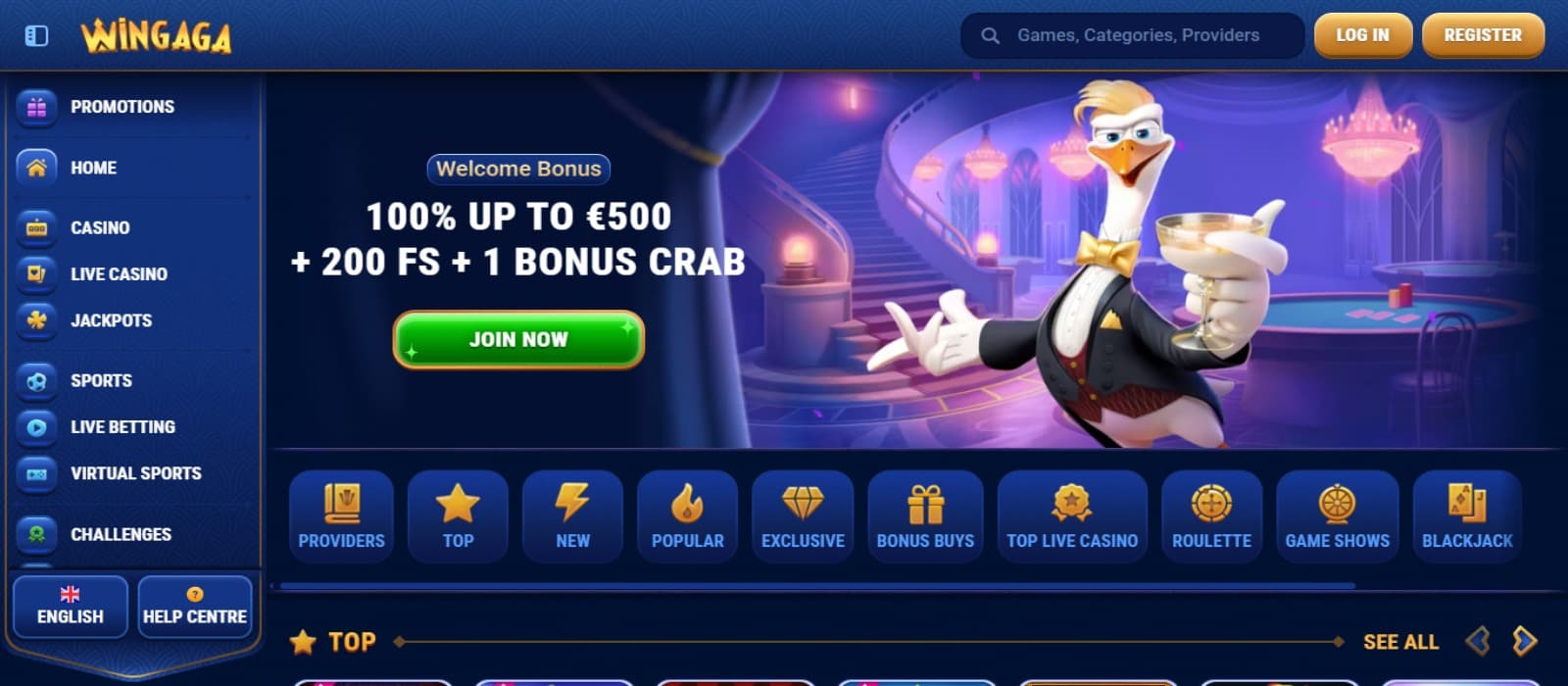 Wingaga Casino landing page with the welcome bonus offer banner showing the duck mascot and side navigation bar with game categories below