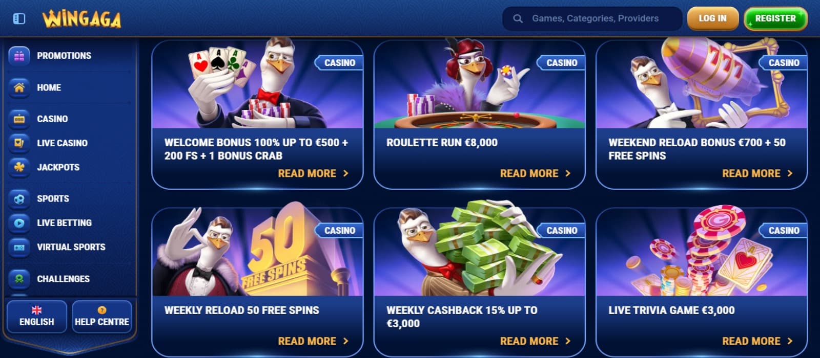 Wingaga Casino  promotions page with the various bonus offer banners for the casino and side navigation bar