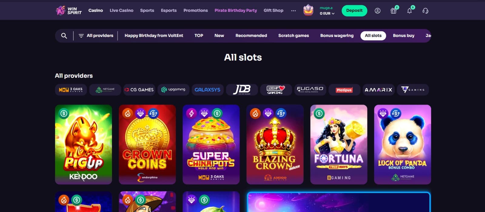 The games page of WinSpirit Casino displays the video slot titles, such as PigUp, CrownCoins, and more. 