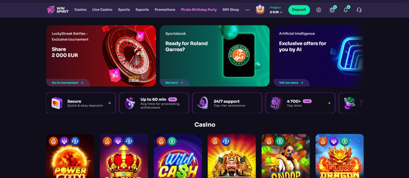 The landing page of WinSpirirt Casino displays the casino bonuses, such as LuckyStreak tournament.