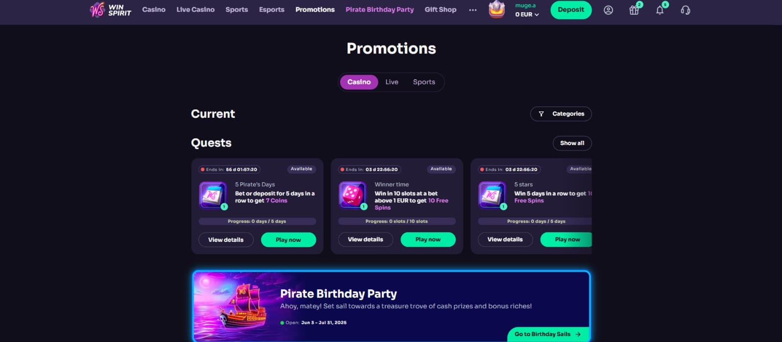 The promotions page of WinSpirit Casino showcases the casino bonuses, such as 5 Pirate's Days.