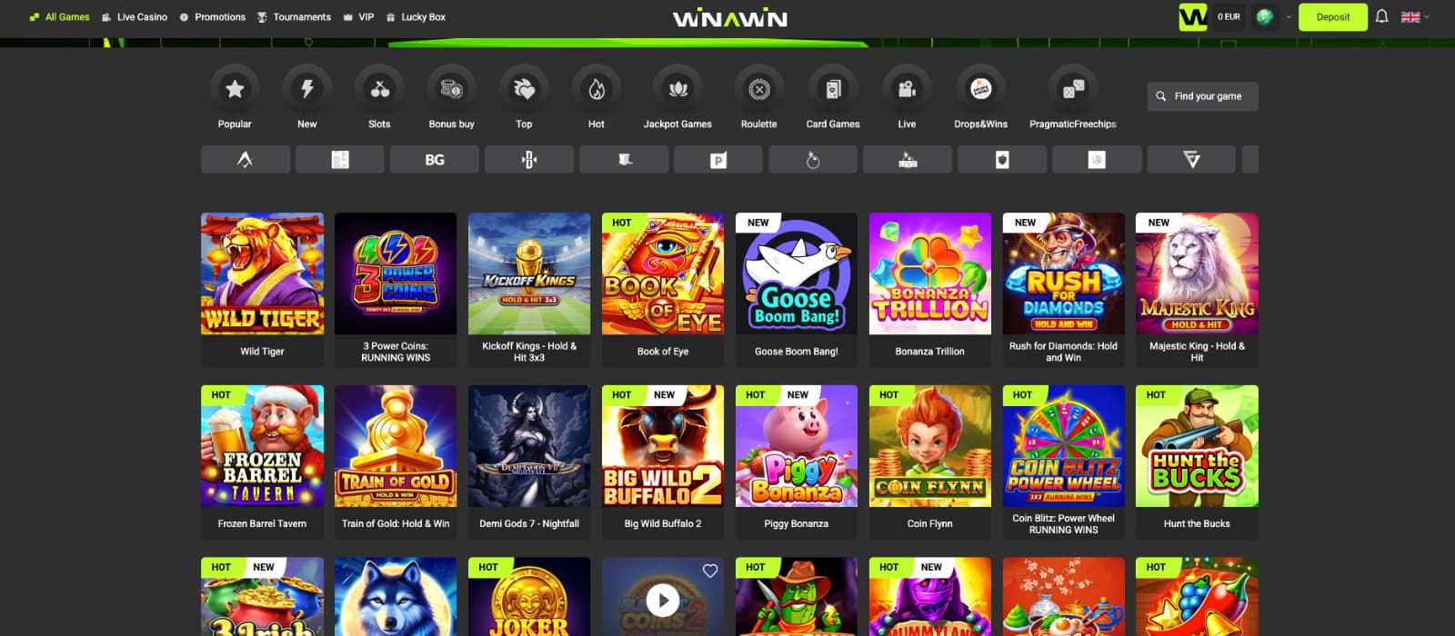 Winawin Casino games page displaying slot categories, software provider filters, search bar, and featured slot titles.