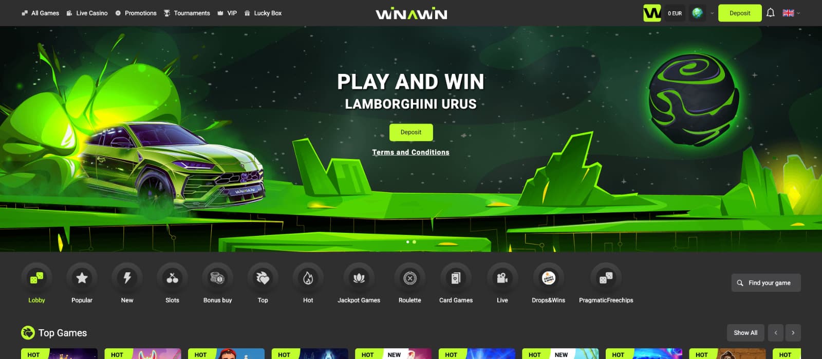 Winawin Casino landing page displaying the first deposit bonus banner, Play and Win Lamborghini Urus promotion, game categories, and featured slot games.