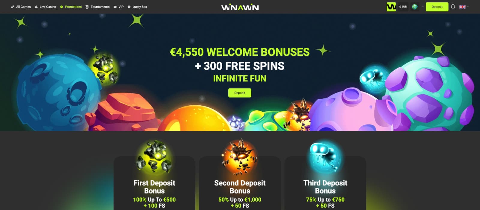Winawin Casino promotions page displaying the €4,550 welcome bonus package, 300 free spins, and the four-deposit welcome offer structure.