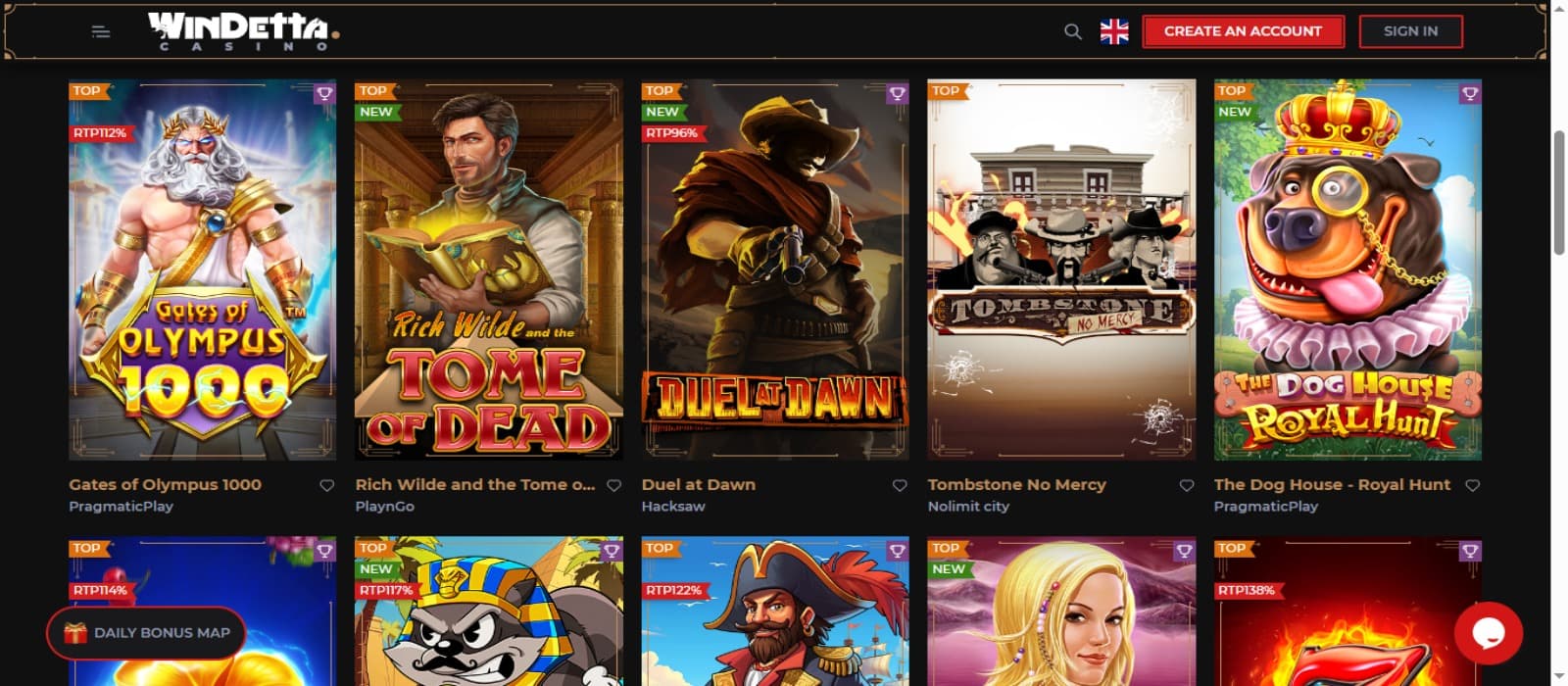 Windetta Casino games page with the various colorful slot game icons and registration option at the top