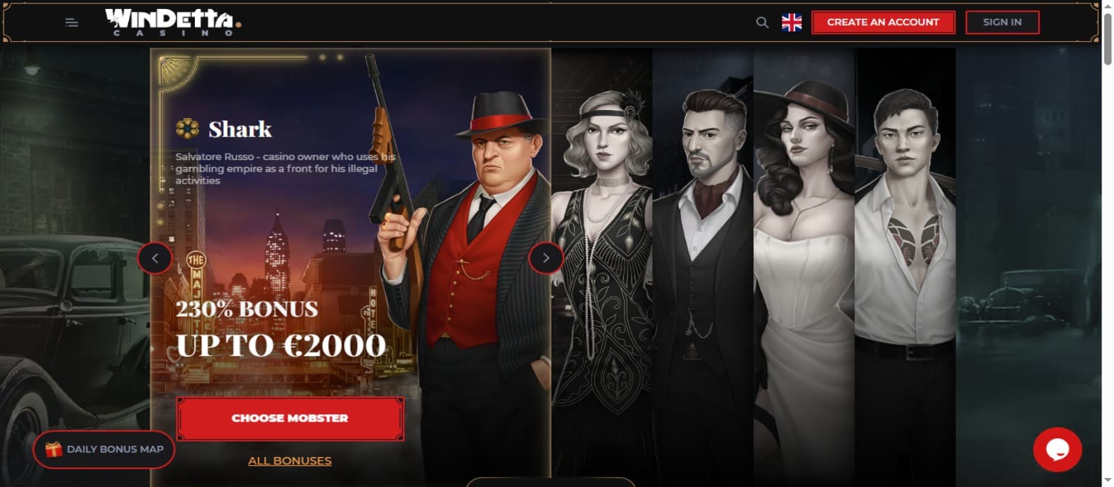 Windetta Casino landing page with the welcome bonus offer banner showing the mafia characters and login option at the top