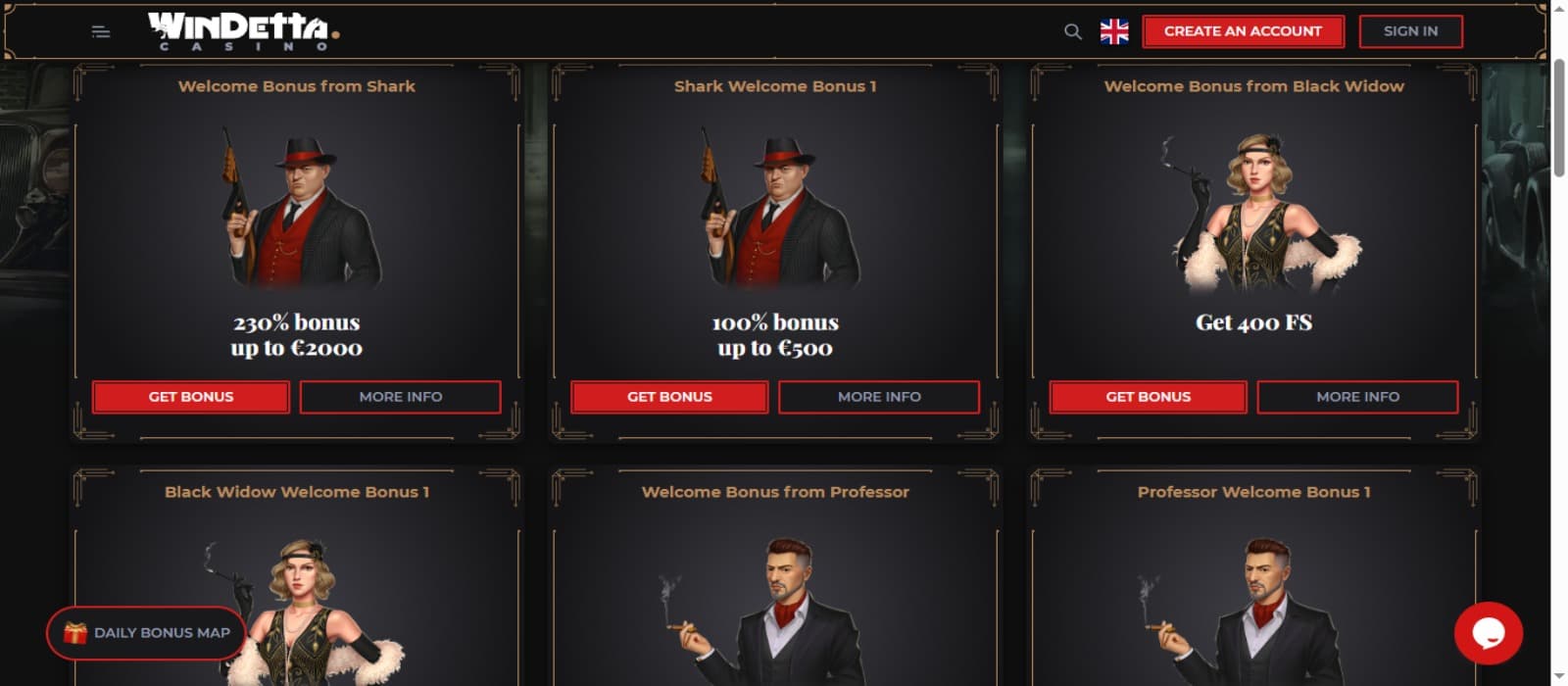 Windetta Casino promotions page with the various character based bonus offer banners and login option at the top