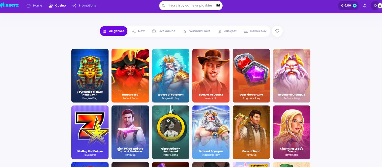 Winnerz Casino Games Page showing slot titles including Gates of Olympus, Book of Ra Deluxe, Sweet Bonanza, and Royalty of Olympus