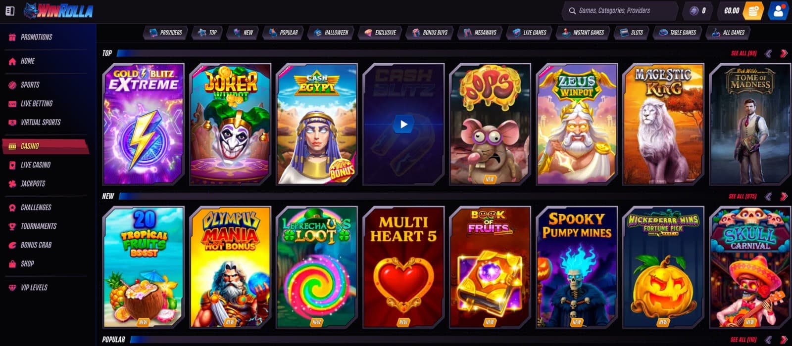 Win Rolla Casino games page showing collections of different games such as Majestic King, Olympus Mania, Multi Hearts 5 and others. 