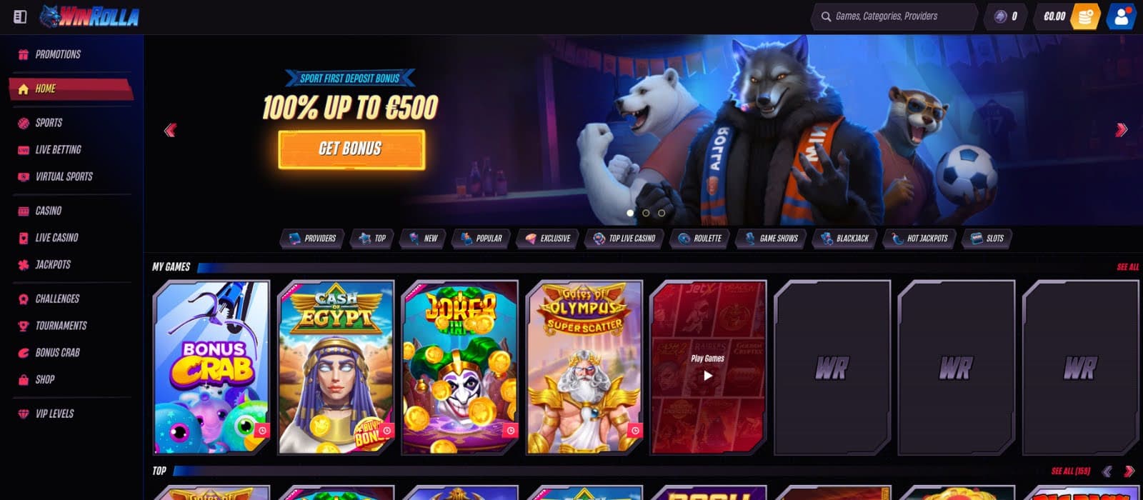  Win Rolla Casino landing page displaying the welcome bonus and some of their top games, such as Bonus Crab, Cash of Egypt and others. 