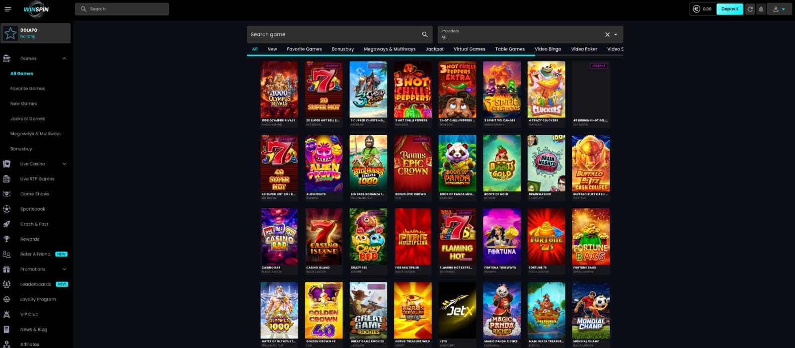 Winspin Casino game lobby with slot thumbnails, provider search and filters for Bonus Buy, Megaways, jackpots and table games.