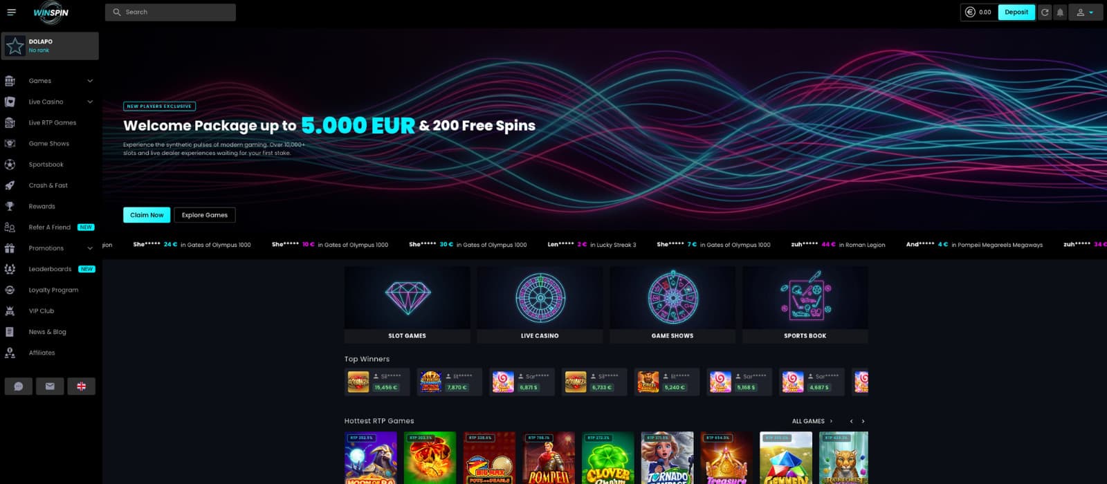 Winspin Casino landing page with a €5,000 welcome package banner, sidebar navigation, game categories and RTP games.