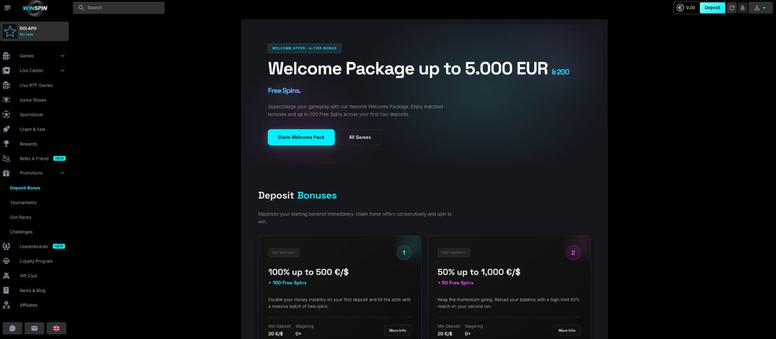 Winspin Casino promotions page displaying a four-deposit welcome package worth up to €5,000 plus 200 free spins.