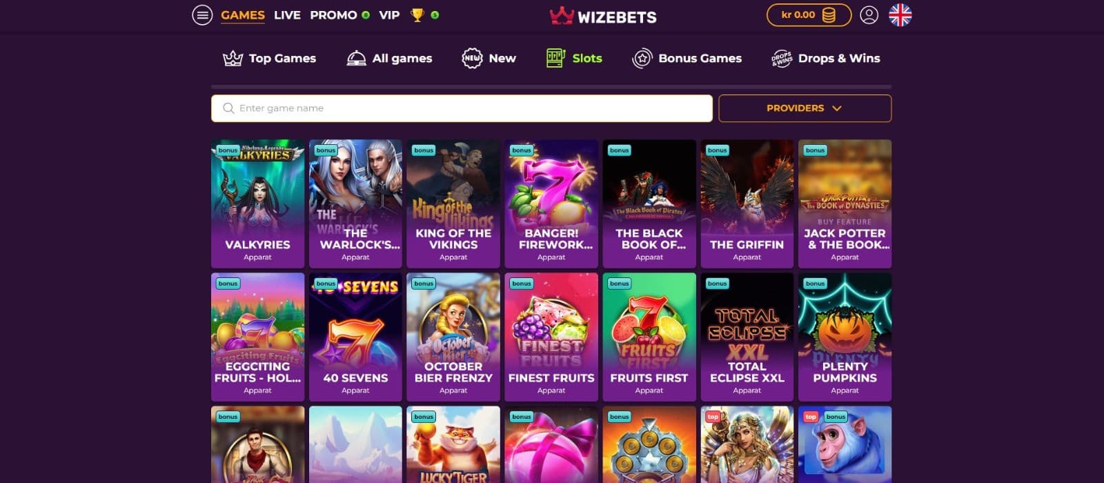 The promotions page displays a thrilling world of online slots at Wizebets Casino.