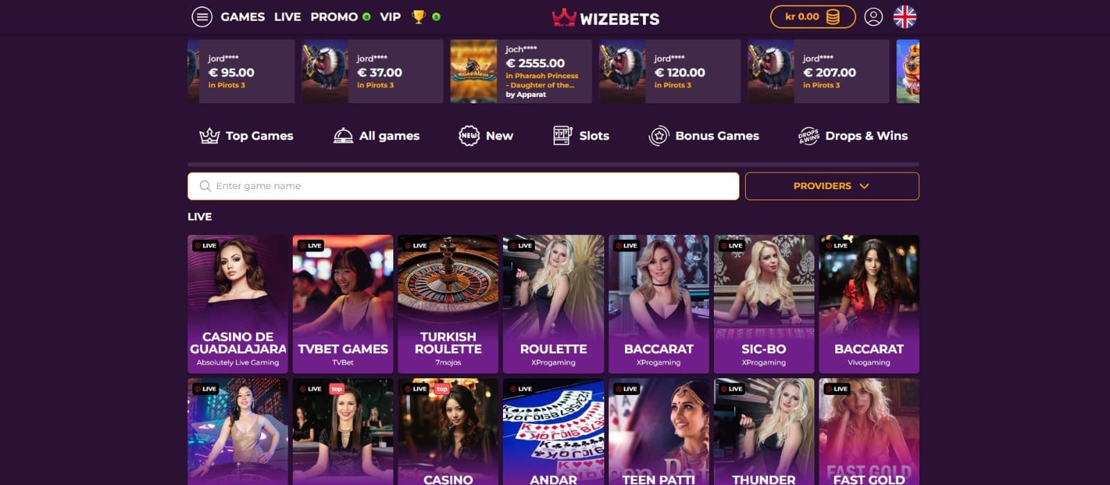 The landing page of Wizebets Casino showcases a rich collection of casino games.
