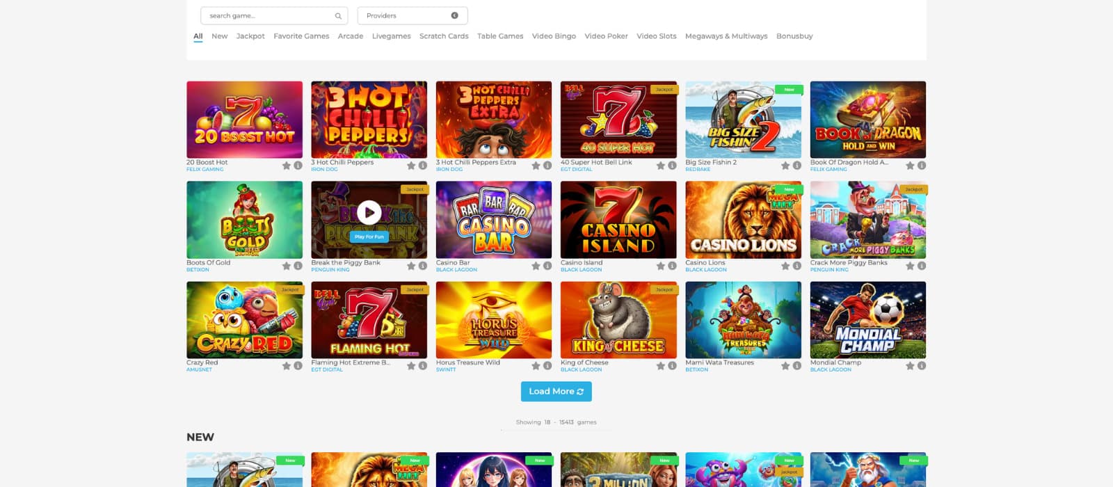 Wolfy Casino games page displaying slot games, provider filter, game categories and the searchable casino game library.