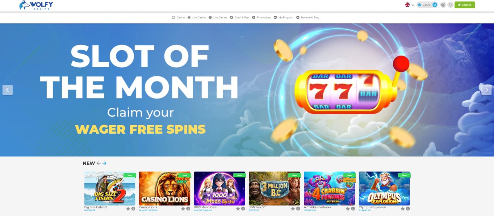 Wolfy Casino landing page displaying the Slot of the Month banner, featured slot games and the main casino navigation menu.