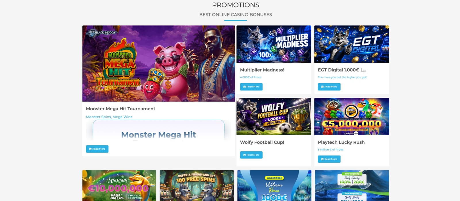 Wolfy Casino promotions page displaying the Monster Mega Hit Tournament, Multiplier Madness, Playtech Lucky Rush and other casino promotions.