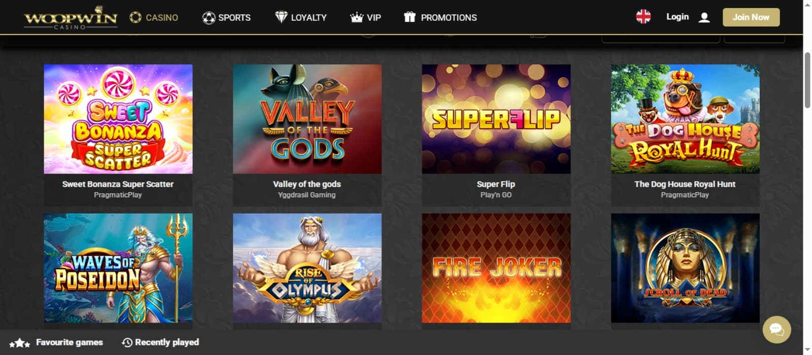 WoopWin Casino games page with the colorful slot game icons and top navigation menus with a sign up option as well