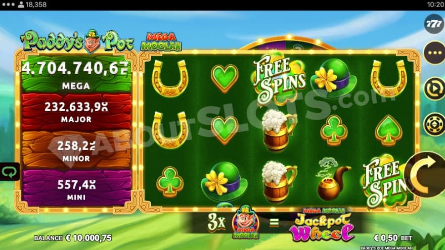 Base game with the Mega Moolah Jackpots to the left of the reels.