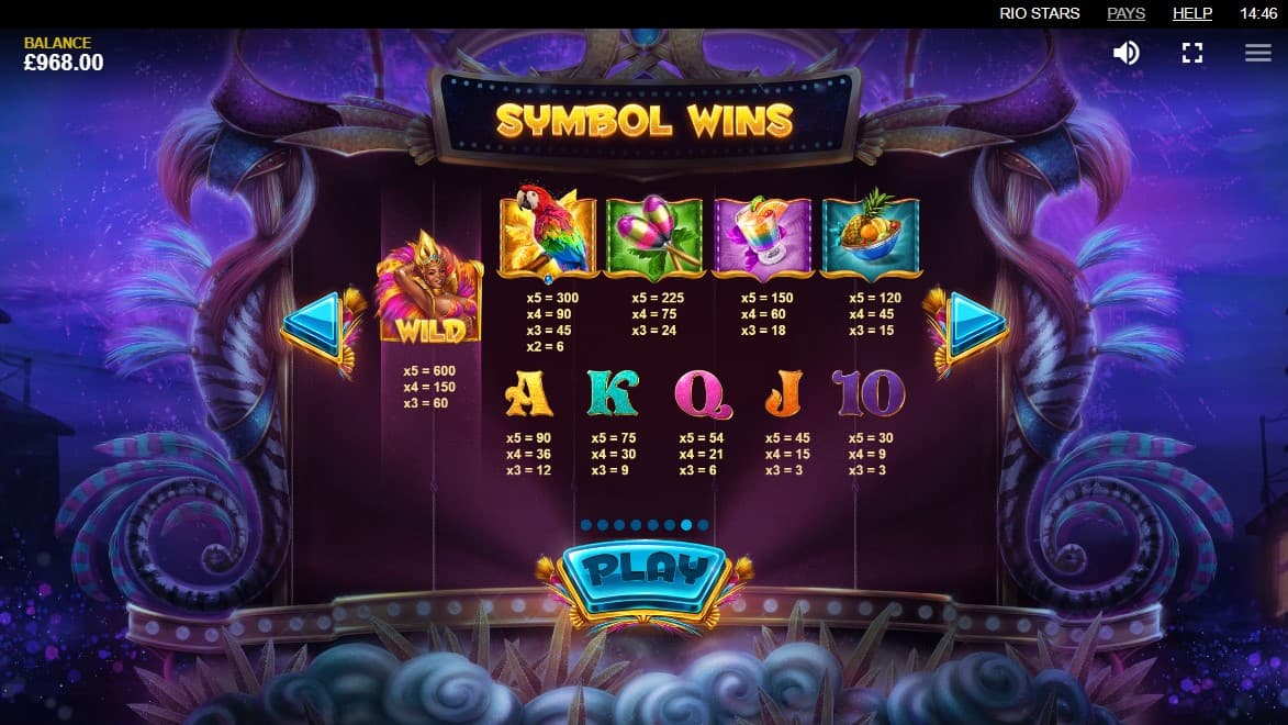 Rio Stars Video Slot Paytable