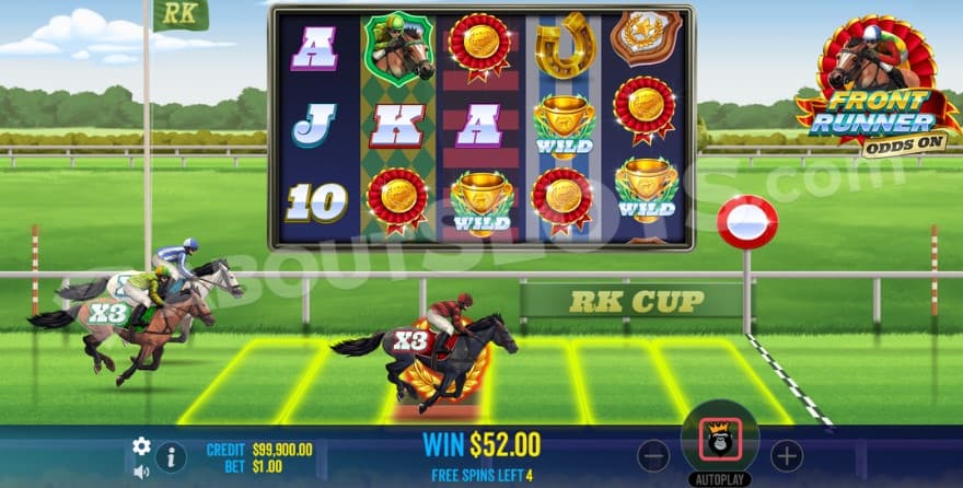 Free Spins bonus game with horses below the reels with 3X multipliers.