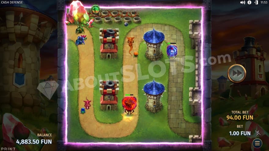 Grand TD bonus game with four defense towers.