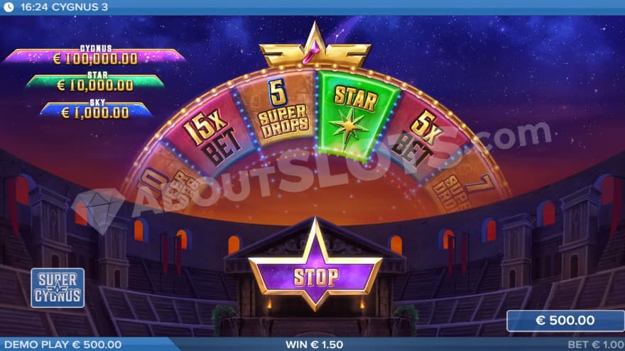 Cygnus Wheel where you can win instant prize, Jackpot or Free Drops.
