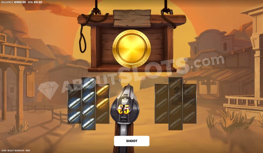 Bullet Bonanza Bonus game with a €5 price on the revolver.