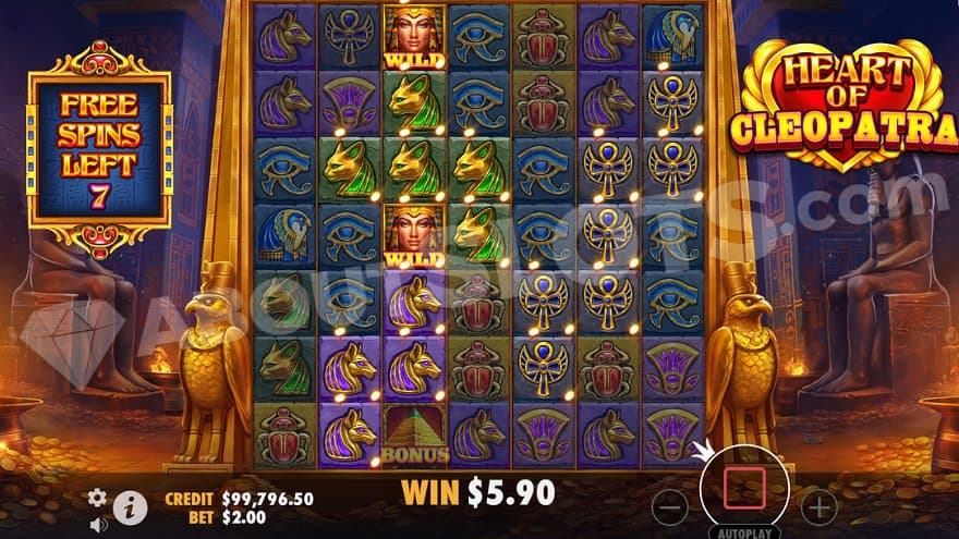 A win containing two Cleopatra Wilds in the Free Spins.