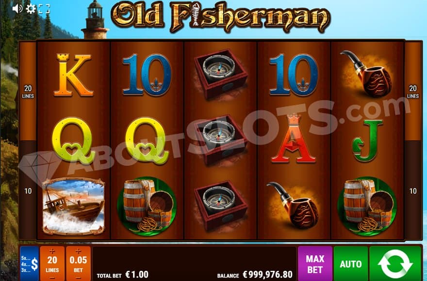 A coastal town in the background of the slot's five reels.