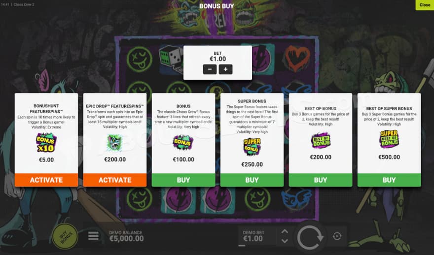 Bonus Buy feature with six options to choose from.