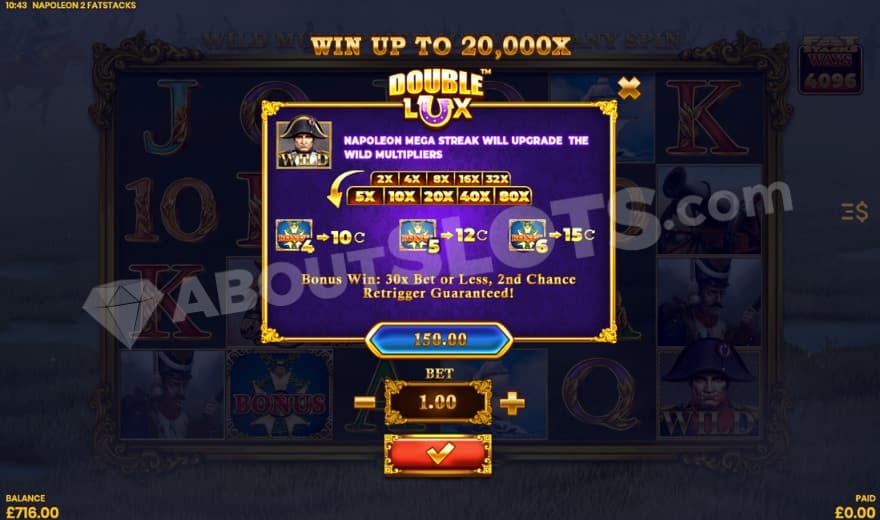 Bonus buy option where you can buy the free spins for 150 times the bet.
