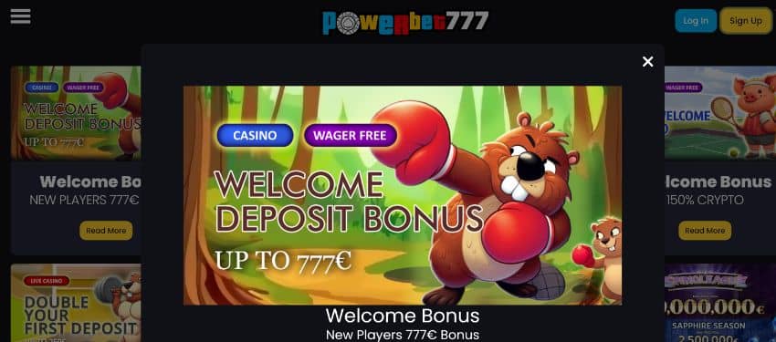 Powerbet777 welcome bonus banner showing a beaver with boxing gloves on with the information about the deposit bonus