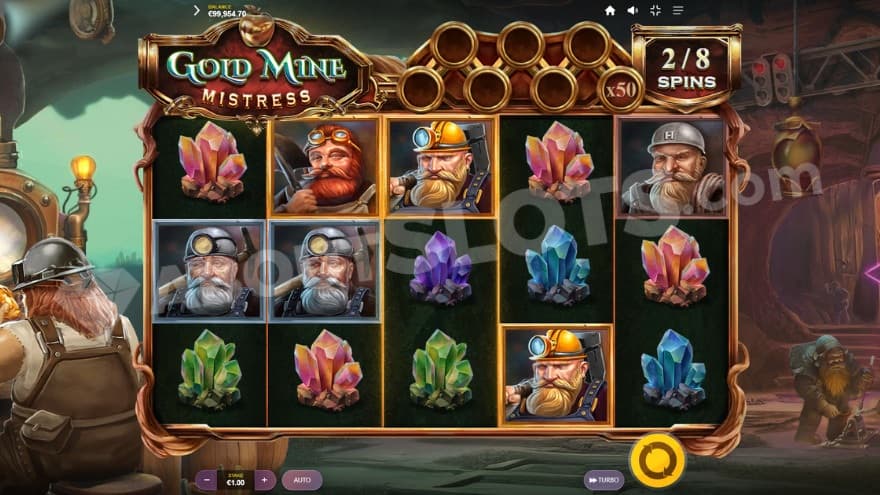 Base game with a dwarf to the left of the reels. 