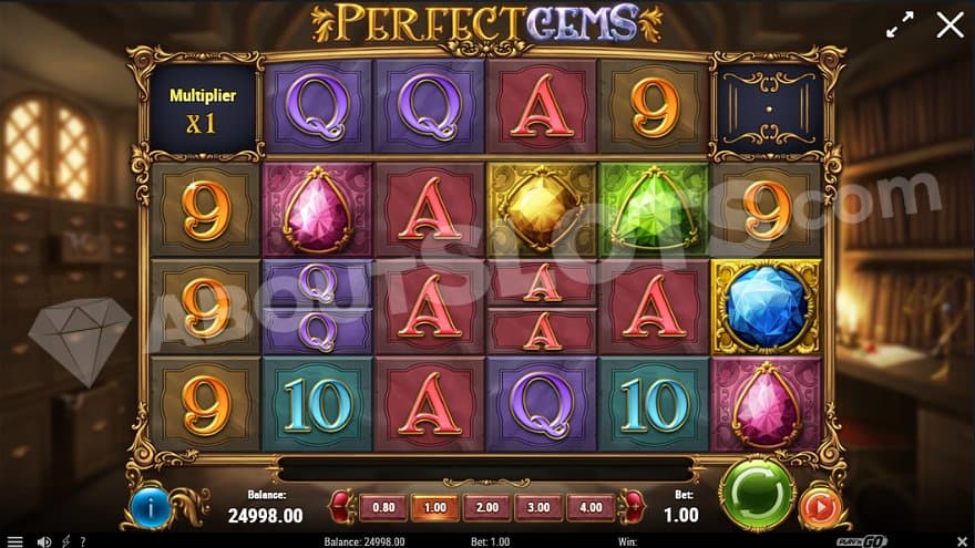 Six reels with gems and royals in a library-looking room.m