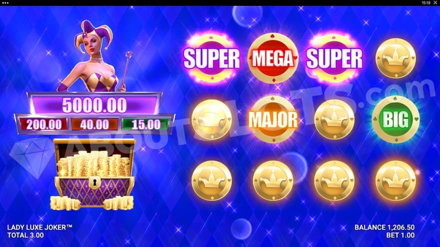 A screen with 12 tokens showing their backside or one of the Jackpots Big, Super, or Mega.