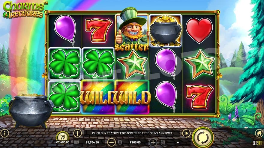 Five reels in the countryside with a pot of gold and a rainbow to the left.