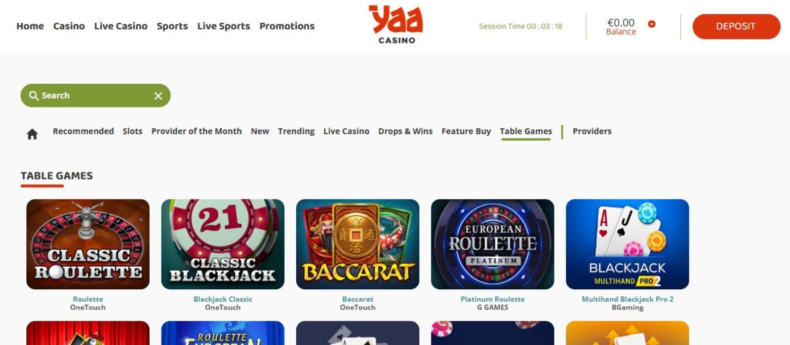 YaaCasino’s table games section, showing variations of roulette, blackjack, and baccarat.