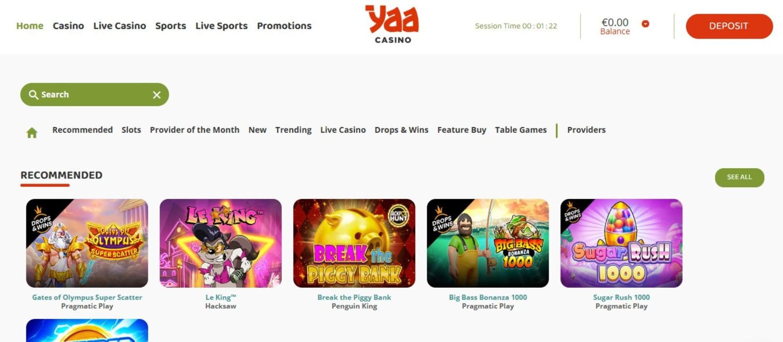 YaaCasino’s homepage, showing a horizontal menu and recommended games like Sugar Rush 1000.