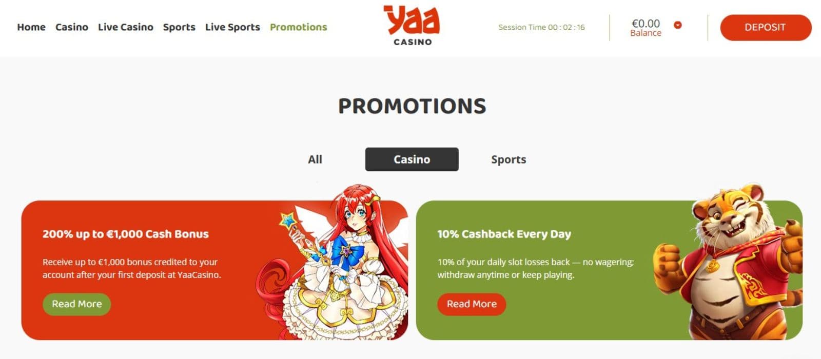 YaaCasino’s promotion page, showing the welcome bonus and daily cashback of up to 10%.