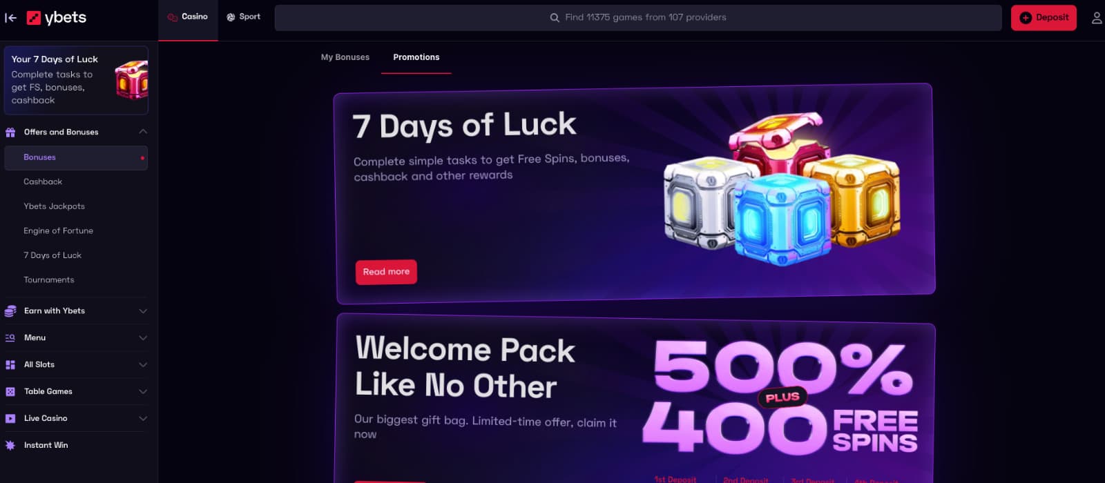 Ybets Casino promotions page showing the 7 Days of Luck campaign and welcome pack bonus.