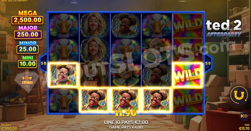 Free Games bonus feature being active with a full line win.