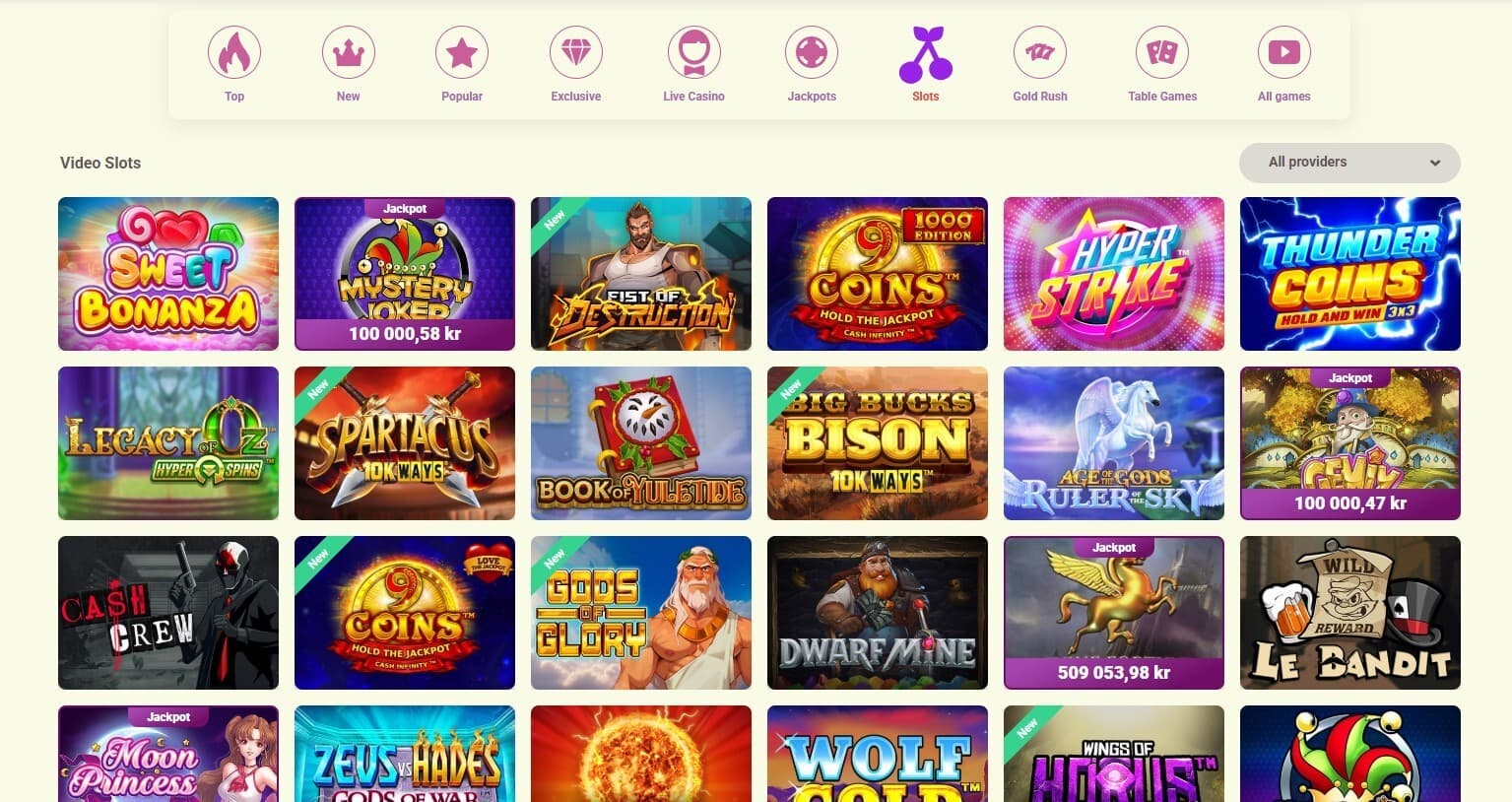 The games section of YoYoCasino SE displays a selection of slot games, such as Sweet Bonanza, Mystery Joker, and more.