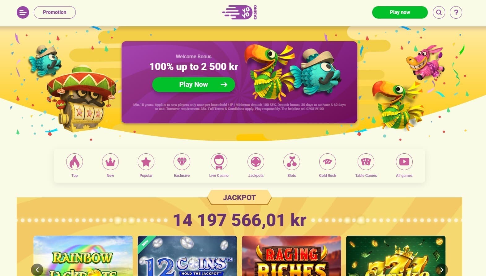 The landing page of YoYoCasino SE shows the welcome casino bonus of up to 2500 kr.