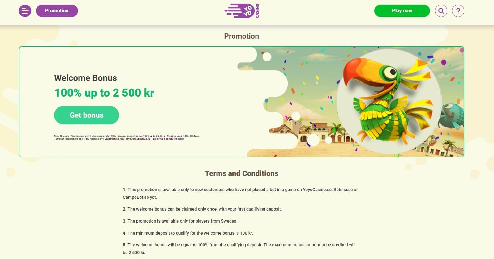 The promotions page of YoYo Casino presents the welcome bonus of 100% up to 2500 kr.