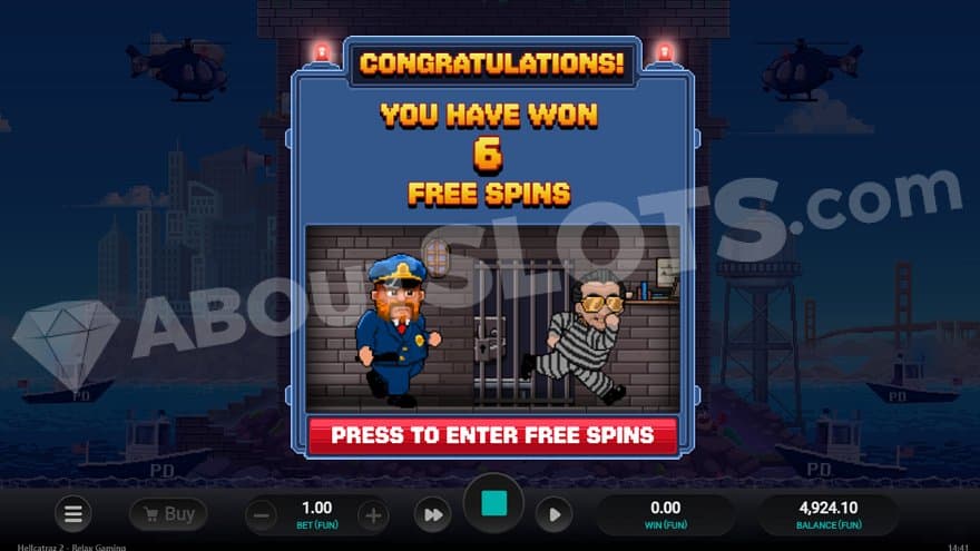 A policeman is chasing a robber in striped clothes on the intro screen awarding 6 free spins.
